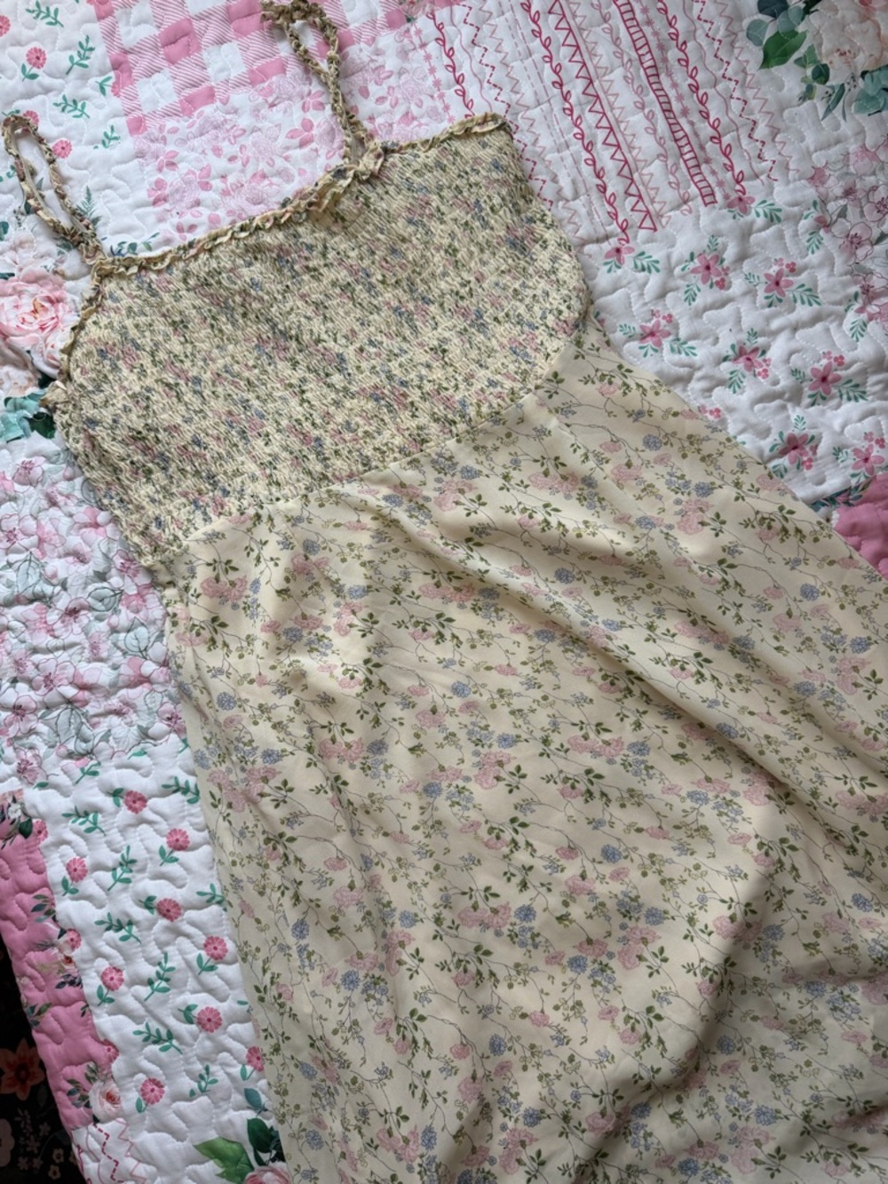 Smocked Cream Floral Midi Dress